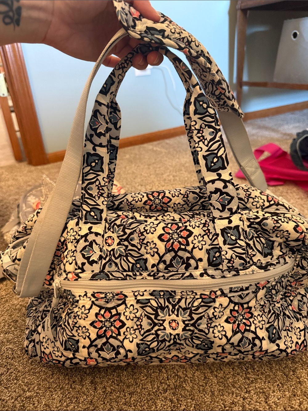 Vera Bradley Quilted Floral Travel Satchel in Cream, Black and Pink